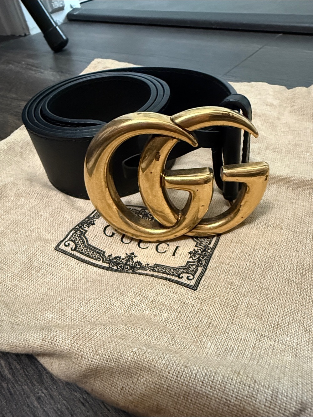 Gucci Black Leather Belt with Oversized Gold Double G Buckle